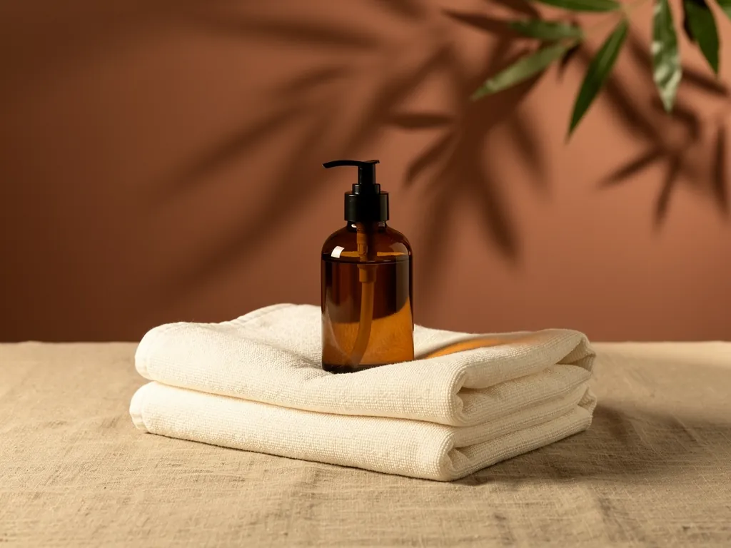 Massage oil and folded towels in warm earth tones
